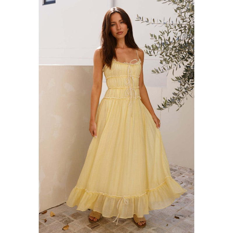 Women's a-line dress - spring/summer collection for cross-border e-commerce: european & american style, casual vacation look with lace trim, high-waisted spaghetti strap dress