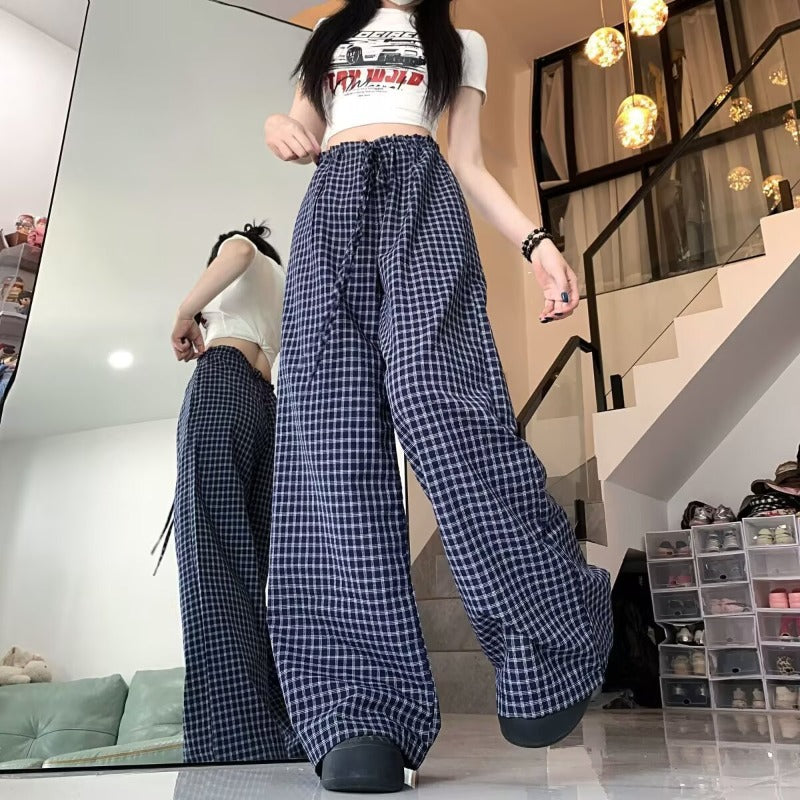 Women casual pant retrogrids pattern summer loose