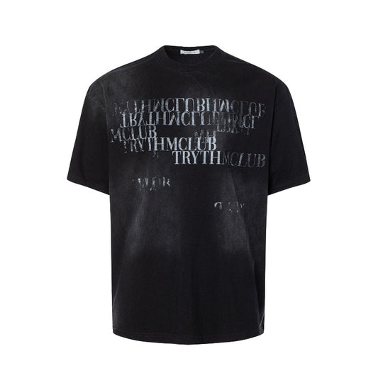 Men's t-shirts: american street style summer dirty spray letter graphic, premium slim collar design, men's loose fit short sleeve tee