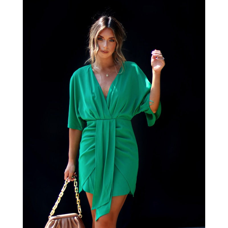 Women's dress - european & american cross-border amazon style - summer solid color elegant asymmetrical slim-fit dress