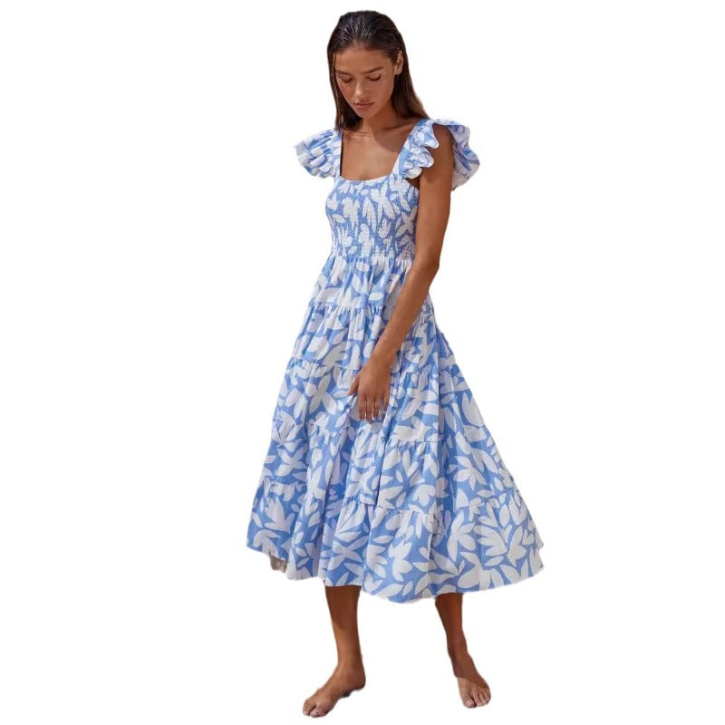 Women's floral print bohemian dress - summer short sleeve square neck maxi dress for cross-border fashion
