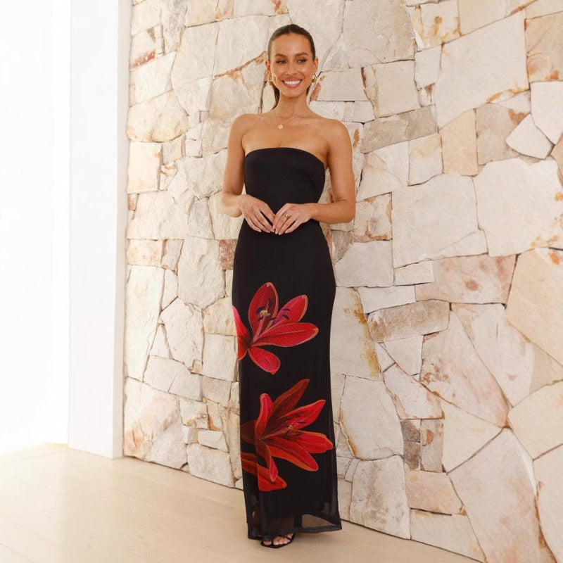 Women's dress - spring/summer european & american style fashionable high-end bandeau backless sexy slim-fit placement print dress