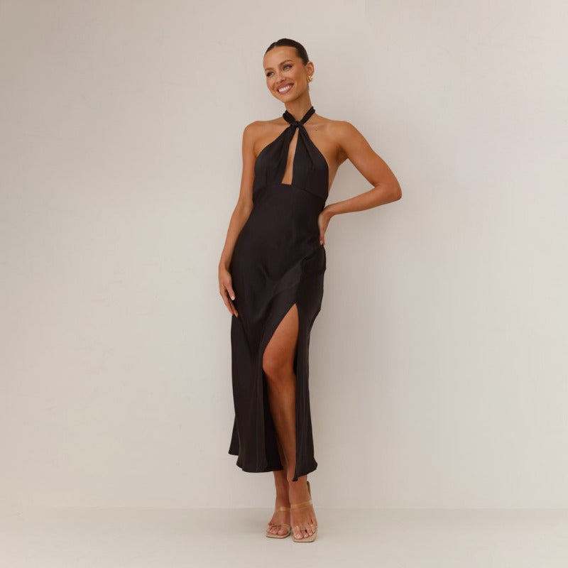 Women's dress - cross-border fashion: spring/summer european & american style - sexy, cinched waist, halter neck, slit, long satin sleeveless dress for women