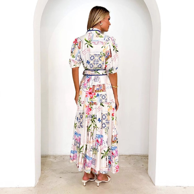 Women's dress: bestselling european and american cotton linen floral print tie-strap short sleeve dress for women - perfect for cross-border amazon and aliexpress