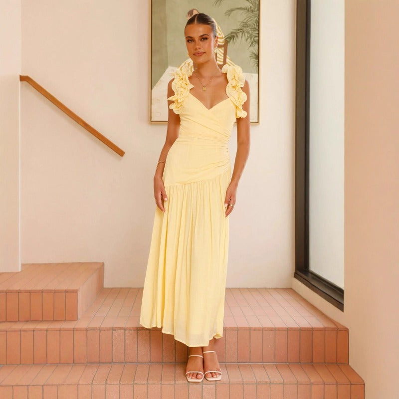 Women's dress - european & american style summer dress, elegant asymmetrical v-neck maxi dress, sexy slit, ruched backless dress