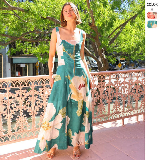 Women's dress - amazon summer european & american cross-border french retro long dress - printed camisole slimming dress for women