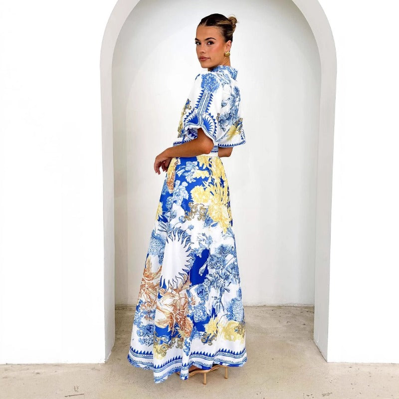 Women's summer dress - european and american style, cross-border e-commerce, casual fashion, printed, turn-down collar, women's long dress