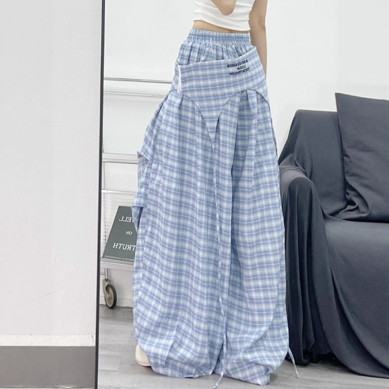 Womens casual pants women's summer loose vintage blue plaid pants