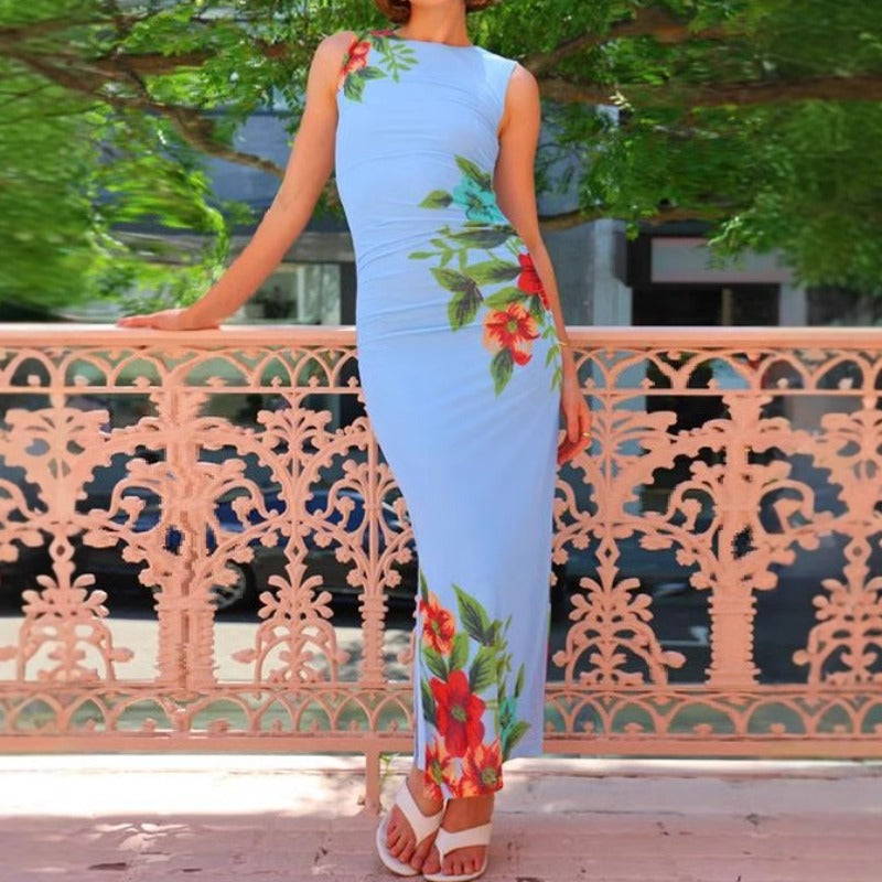 Women's dress - european & american style summer aliexpress foreign trade women's sexy round neck floral print slim fit maxi dress