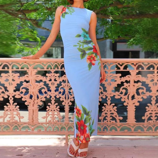 Women's dress - european & american style summer aliexpress foreign trade women's sexy round neck floral print slim fit maxi dress