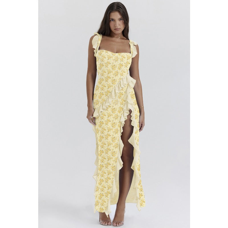Women's dress - cross-border fashion, european & american summer style, french-style spaghetti strap, ruffle trim, designer detail, sexy slit maxi dress
