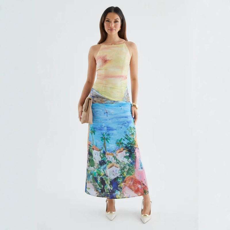 Women's dress - american sweetheart oil painting style dress - spring/summer ins trendy versatile casual long dress for women