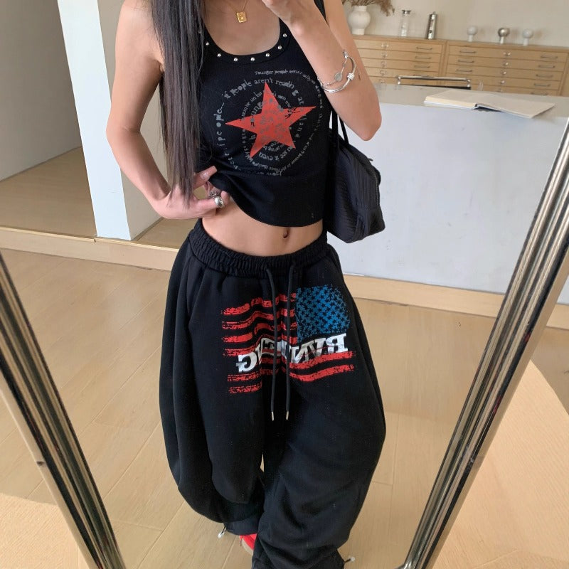 Women casual pants alphabet flag print women loose wide-leg pants