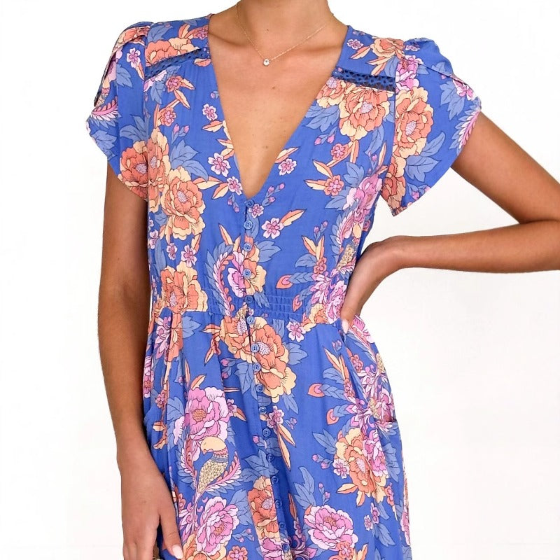 Women's dress - export quality summer maxi dress - high-end, slim-fit, v-neck, single-breasted, ruffle hem dress for women