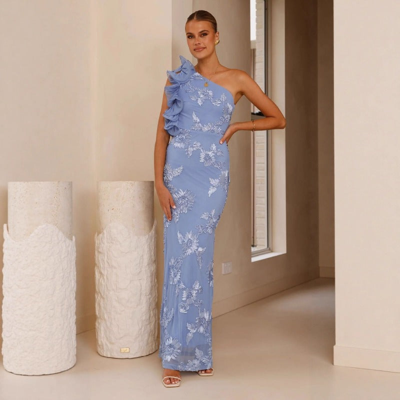 Women's dress - export quality, asymmetrical neckline, european & american style, amazon fashion, spaghetti strap, bodycon, sexy, 3d floral appliqué, new summer collection