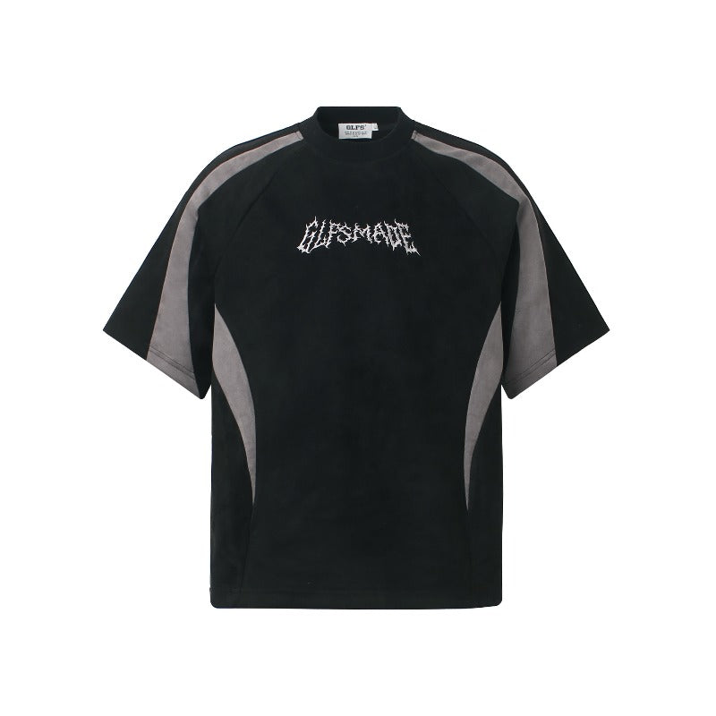 Men's jt american retro couple street style color block suede logo design short sleeve loose fit crew neck t-shirt