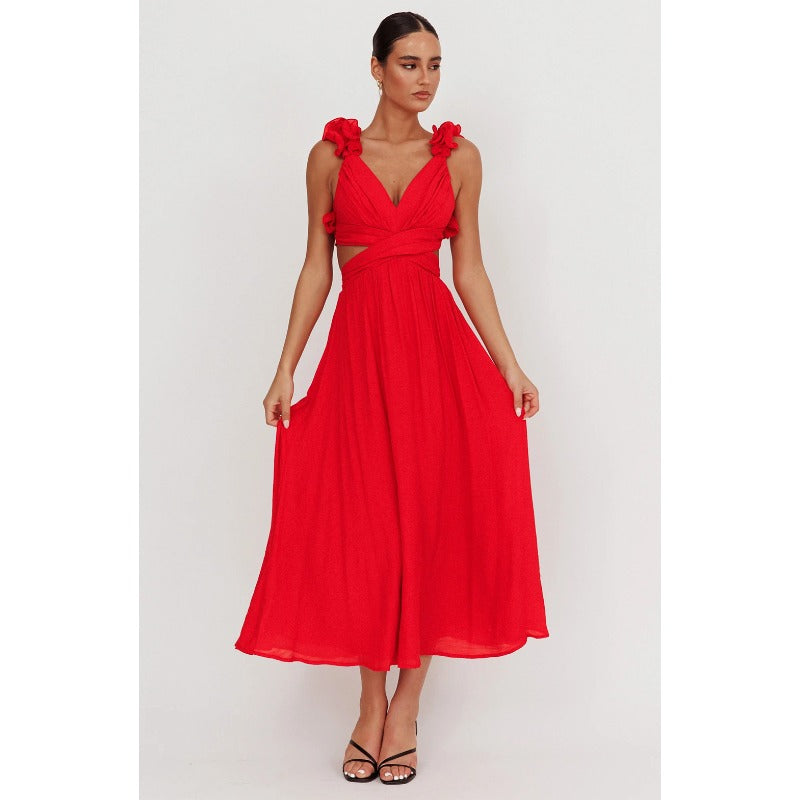 Women's dress: summer bestseller - cross-border chiffon floral pleated maxi dress with open back and criss-cross tie detail