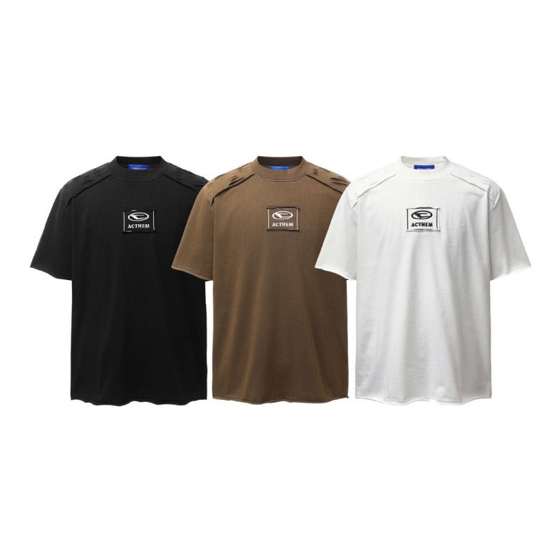 Men's t-shirts: american retro heavyweight double yarn high-quality deconstructed embroidery design, distressed loose fit short sleeve tee