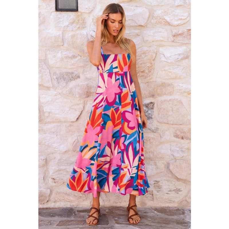 Women's dress - independent website, cross-border e-commerce, european & american style, sexy summer vacation print, fitted flare sleeve cami dress for women