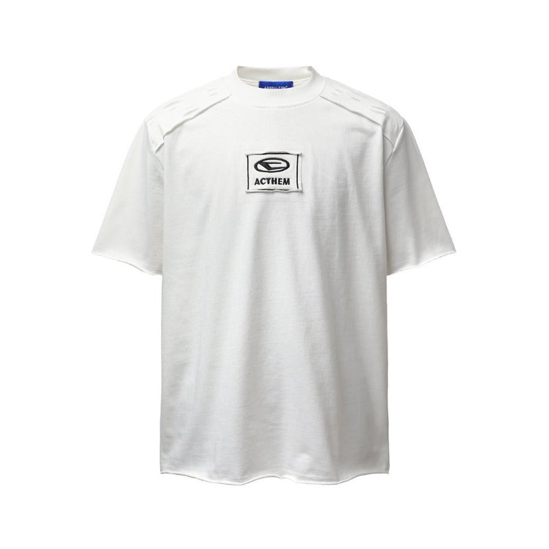 Men's t-shirts: american retro heavyweight double yarn high-quality deconstructed embroidery design, distressed loose fit short sleeve tee
