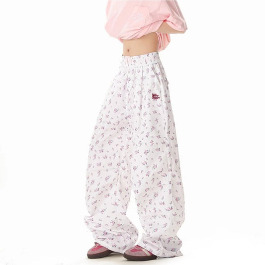 Women casual pants white floral women summer high waist loose trousers