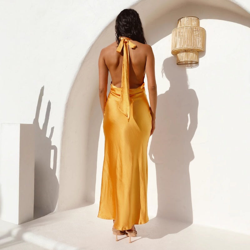 Women's dress - cross-border summer amazon fashion dress - slimming solid color camisole halter neck banquet satin gown