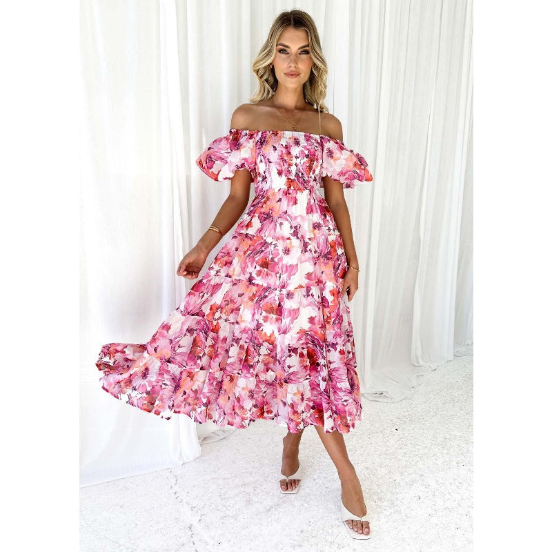 Women's dress: bestselling spring/summer one-shoulder printed puffy sleeve a-line dress for cross-border e-commerce (us/european platforms)