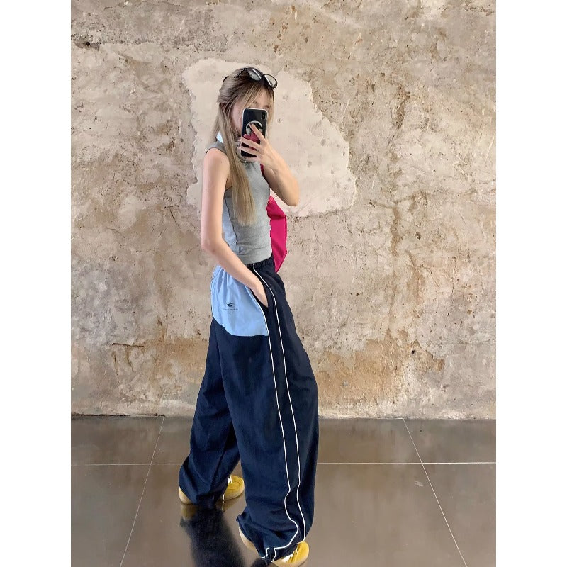 Women casual pants retro contrasting color high waist women's summer loose sweatpants