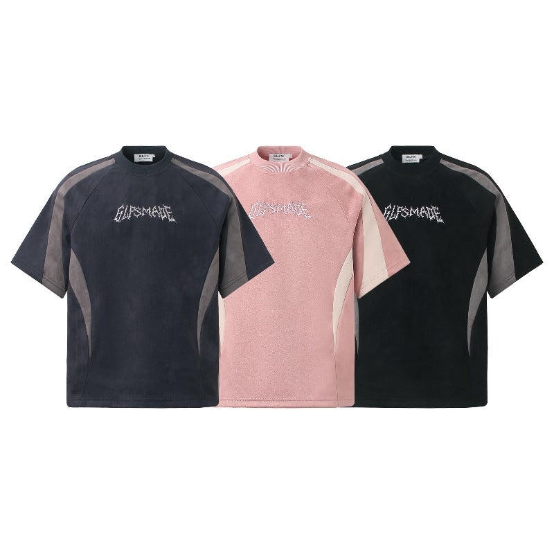 Men's jt american retro couple street style color block suede logo design short sleeve loose fit crew neck t-shirt