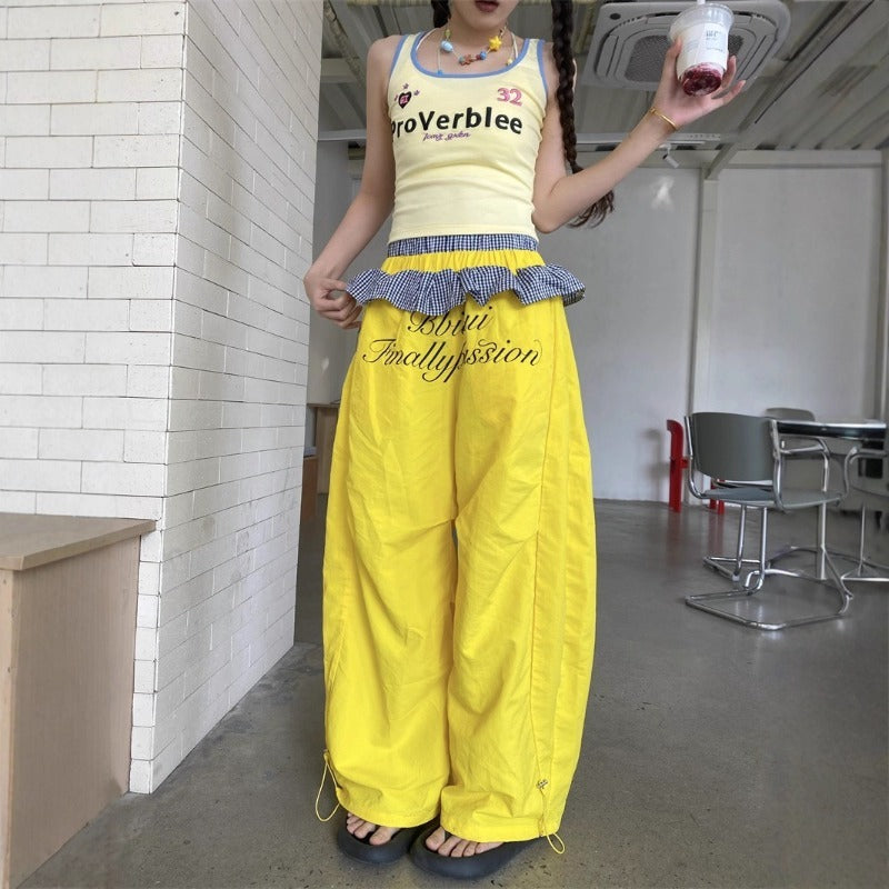 Women casual pants women's plaid lace double waist stitching