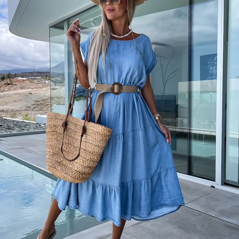Women's dress - european & american cross-border fashion: spring/summer slim-fit, minimalist round neck, solid color dress (belt not included)