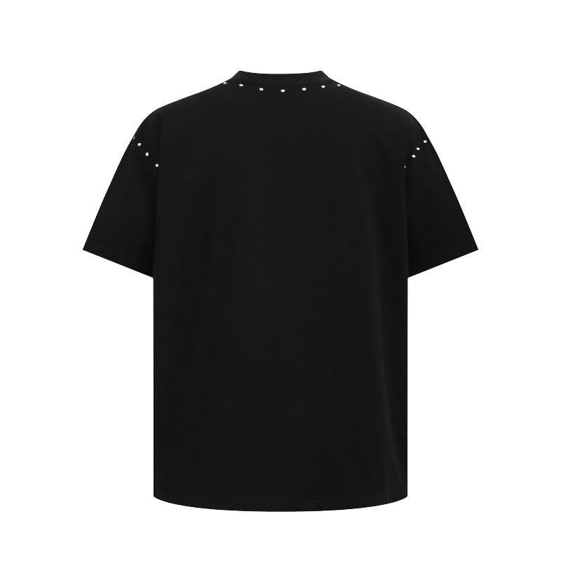 Men's t-shirts: american streetwear summer style - deconstructed solid color premium beaded design short sleeve tee
