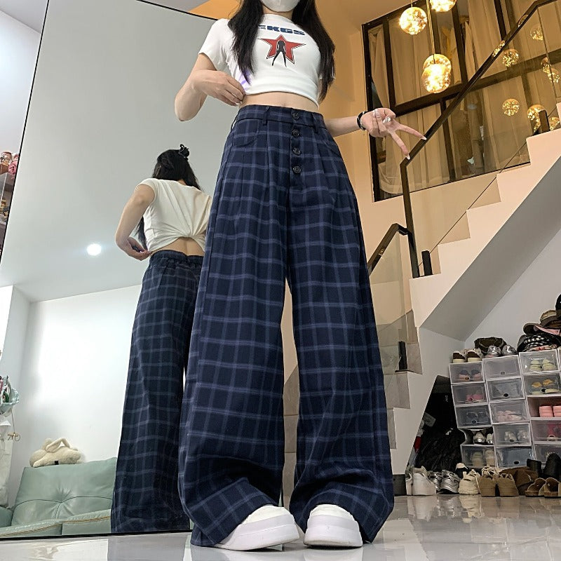 Women casual pant retrosummer breasted grids pattern