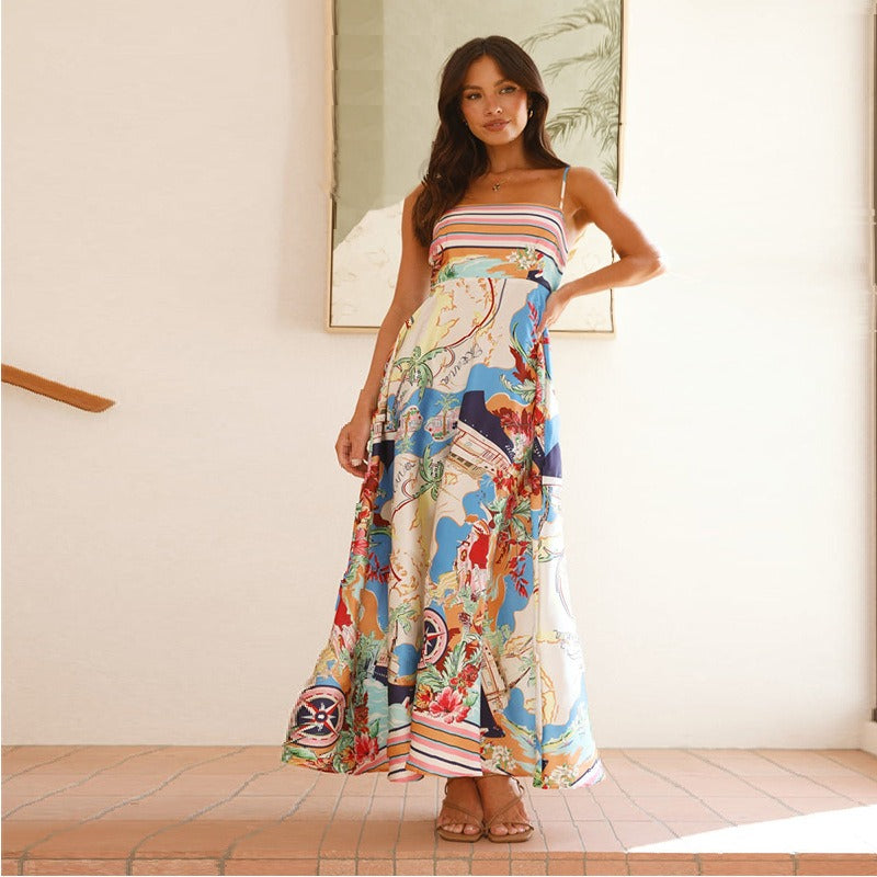Women's dress - amazon spring/summer european & american style - high-waisted, printed, holiday-inspired, maxi swing dress with spaghetti straps
