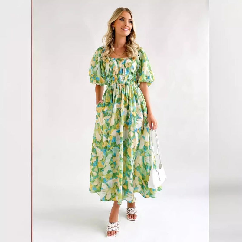 Women's dress - hot selling european & american style dress for amazon - summer elegant square neck printed puff sleeve maxi dress