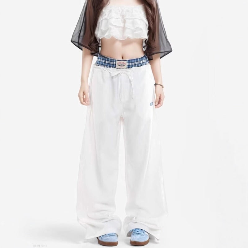 Women casual pant double waistband fake two pieces