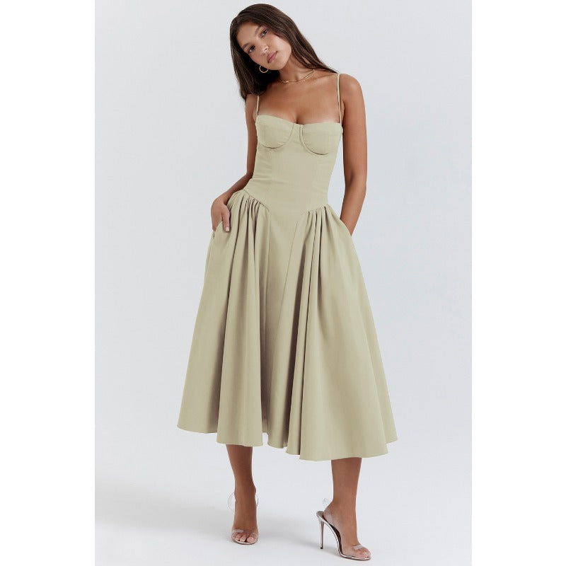 Women's summer amazon dress: french retro long dress, court style dopamine outfit, spaghetti strap dress for women
