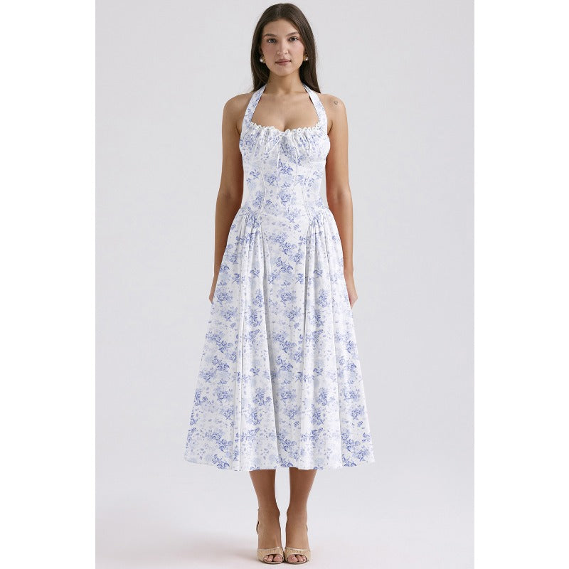 Women's summer slim-fit camisole maxi dress - european & american style fashion print halter neck lace trim dress