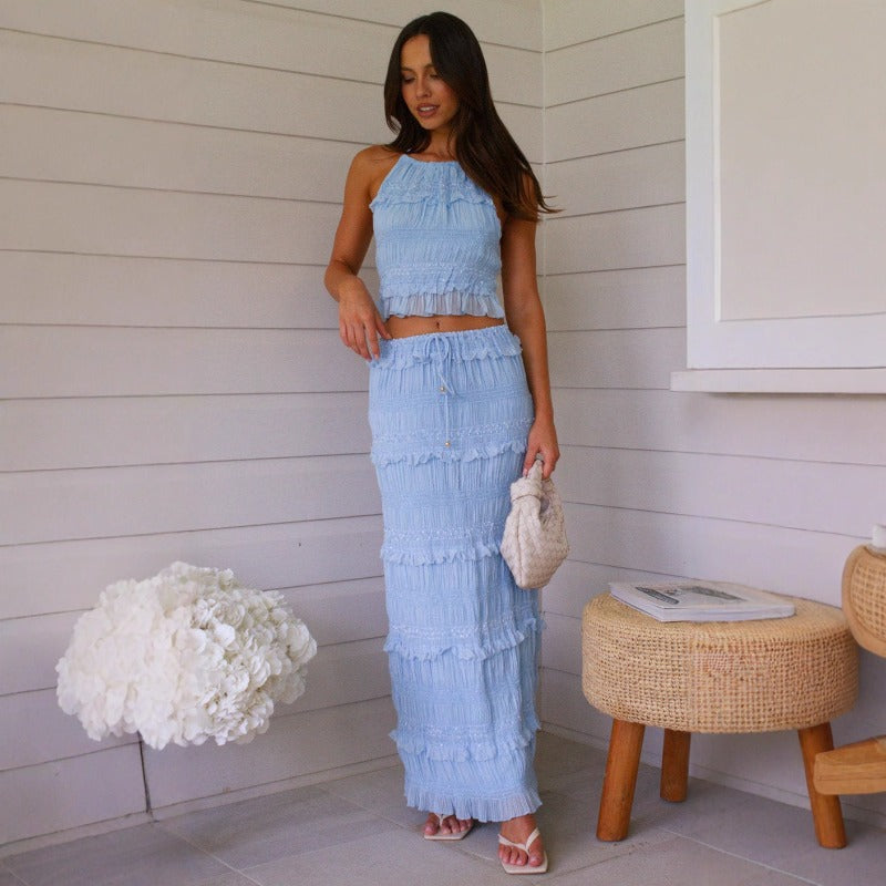 Women's sleeveless chiffon two-piece set: european & american style, spring/summer, elastic waist, loose fit, ins-inspired vacation dress set
