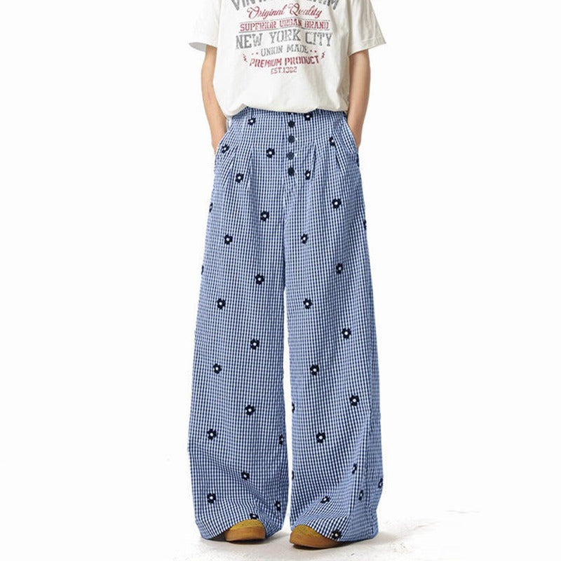 Women casual pant summerloose blue grids pattern embroider