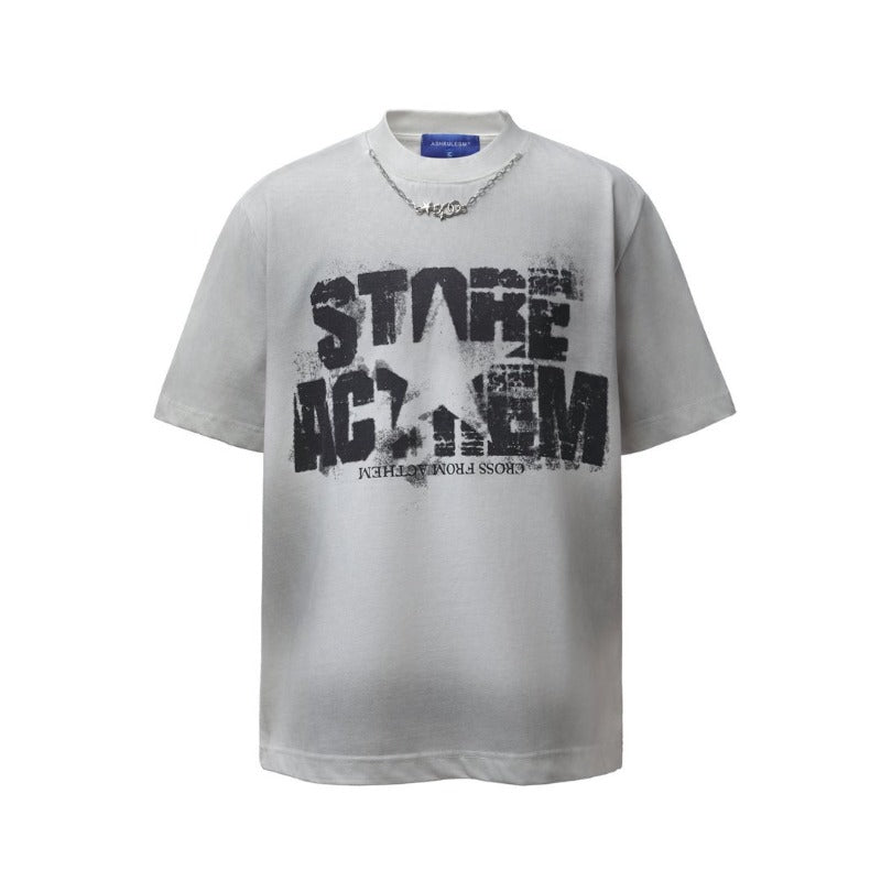 Men's t-shirts: american retro heavyweight double yarn high-quality spray-painted letter print design, men's loose fit short sleeve t-shirt