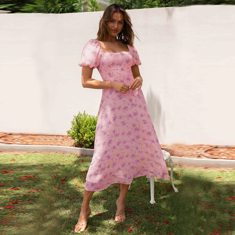 Women's dress: spring/summer european and american style, cross-border backless hot girl dress, spring collection, puff sleeve floral print dress, slimming, light luxury
