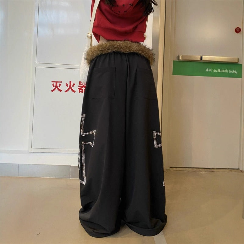 Women casual pant detachable fur collar hot rhinestones