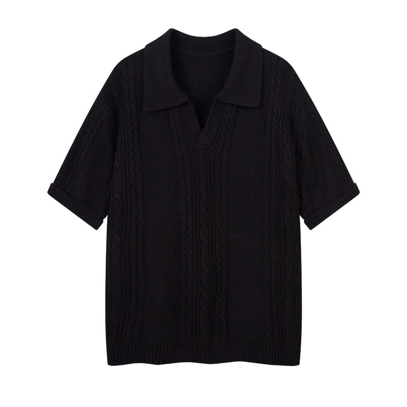Men's t-shirts: american retro, high-end streetwear, relaxed fit, cutout design, knitted, oversized, men's turn-down collar short sleeve tee