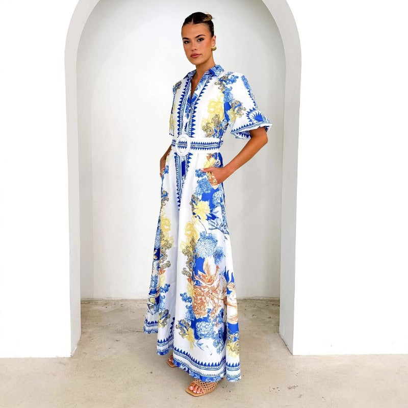 Women's summer dress - european and american style, cross-border e-commerce, casual fashion, printed, turn-down collar, women's long dress