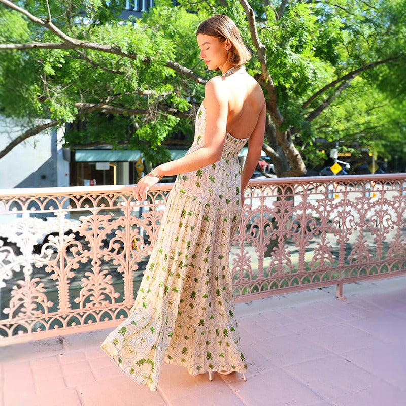 Women's dress: cross-border european and american style, sweet and elegant printed sleeveless halter dress, feminine open-back a-line maxi dress