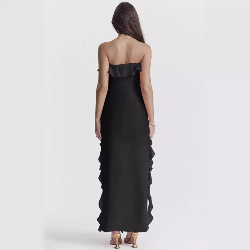Women's dress - cross-border fashion: european & american summer sexy ruffle bandeau slit sleeveless off-shoulder evening gown dress