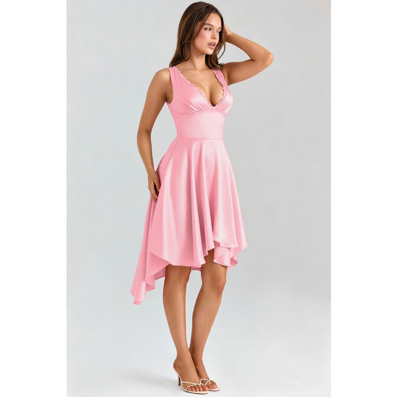 Women's dress: european and american cross-border fashion, lace, sexy backless v-neck midi dress, waist-cinching, slim-fit, elegant dress