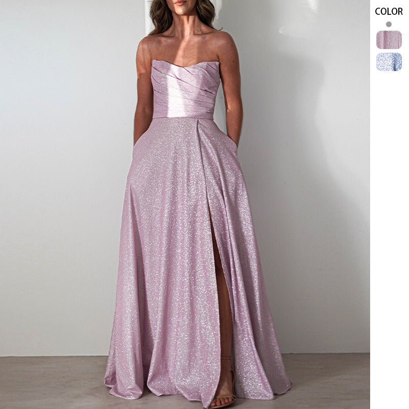 Women's dress amazon fashion banquet dress ins sequin big skirt tube top sexyfashion slit dress