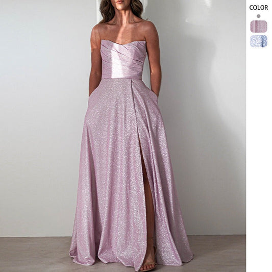 Women's dress amazon fashion banquet dress ins sequin big skirt tube top sexyfashion slit dress